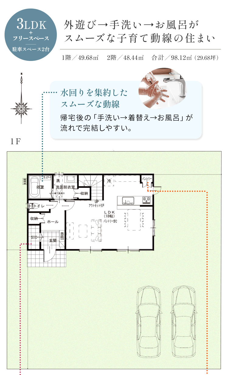 外遊び→手洗い→お風呂がスムーズな子育て動線の住まい 1F
